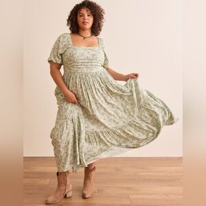 Square-Neck Sage Floral Midi Dress